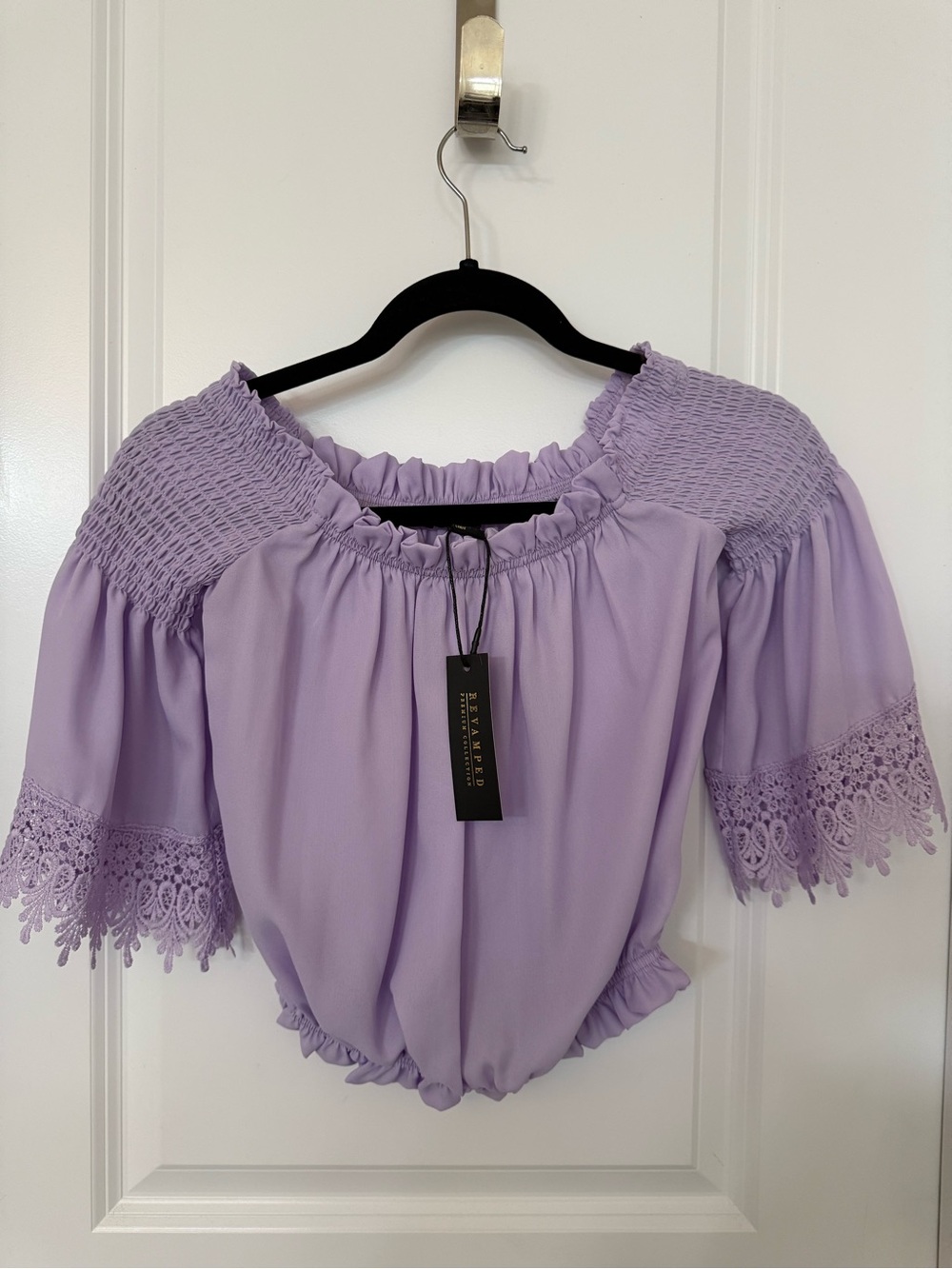Revamped Lavender Off-Shoulder Crochet Sleeve Crop Top